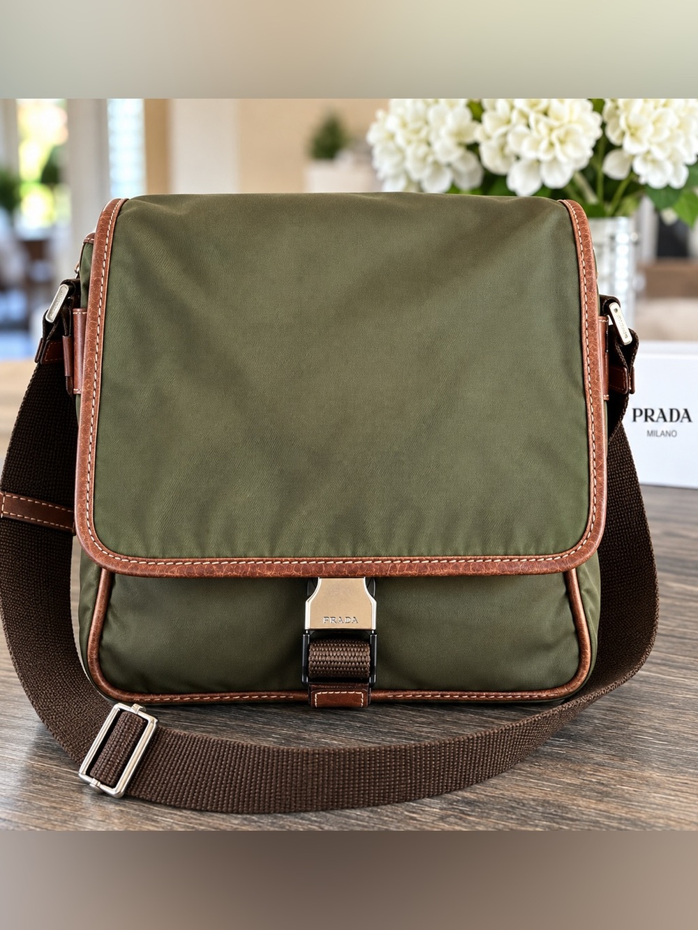 Prada Olive Green Nylon Messenger Bag with Brown Trim with COA